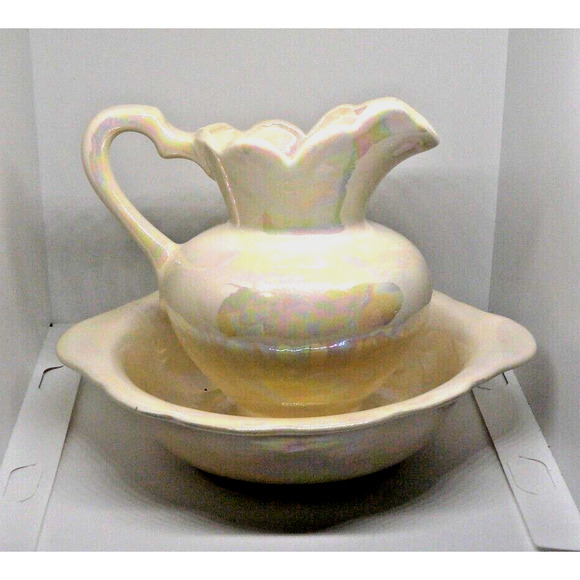 Opalescent 5 7/8" Small Porcelain Pink Roses Vanity Pitcher & Wash Basin Set Vtg - Picture 3 of 12